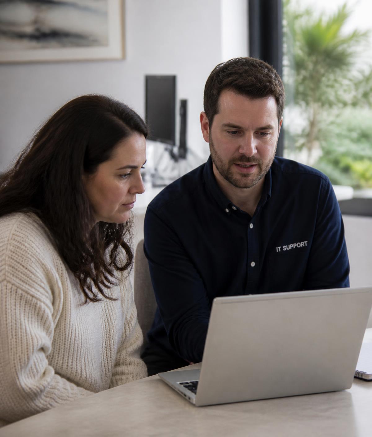 A Gramcio technician using AI-assisted diagnostics to help a customer with her laptop